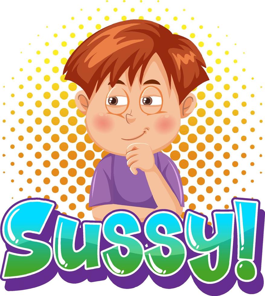 sussy testo parola banner in stile fumetto con l'espressione del personaggio dei cartoni animati vettore