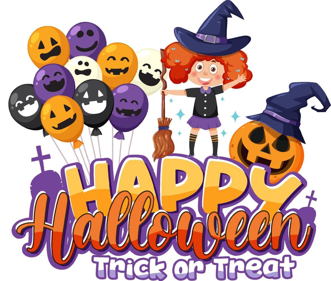 strega ragazza con contento Halloween font logo vettore