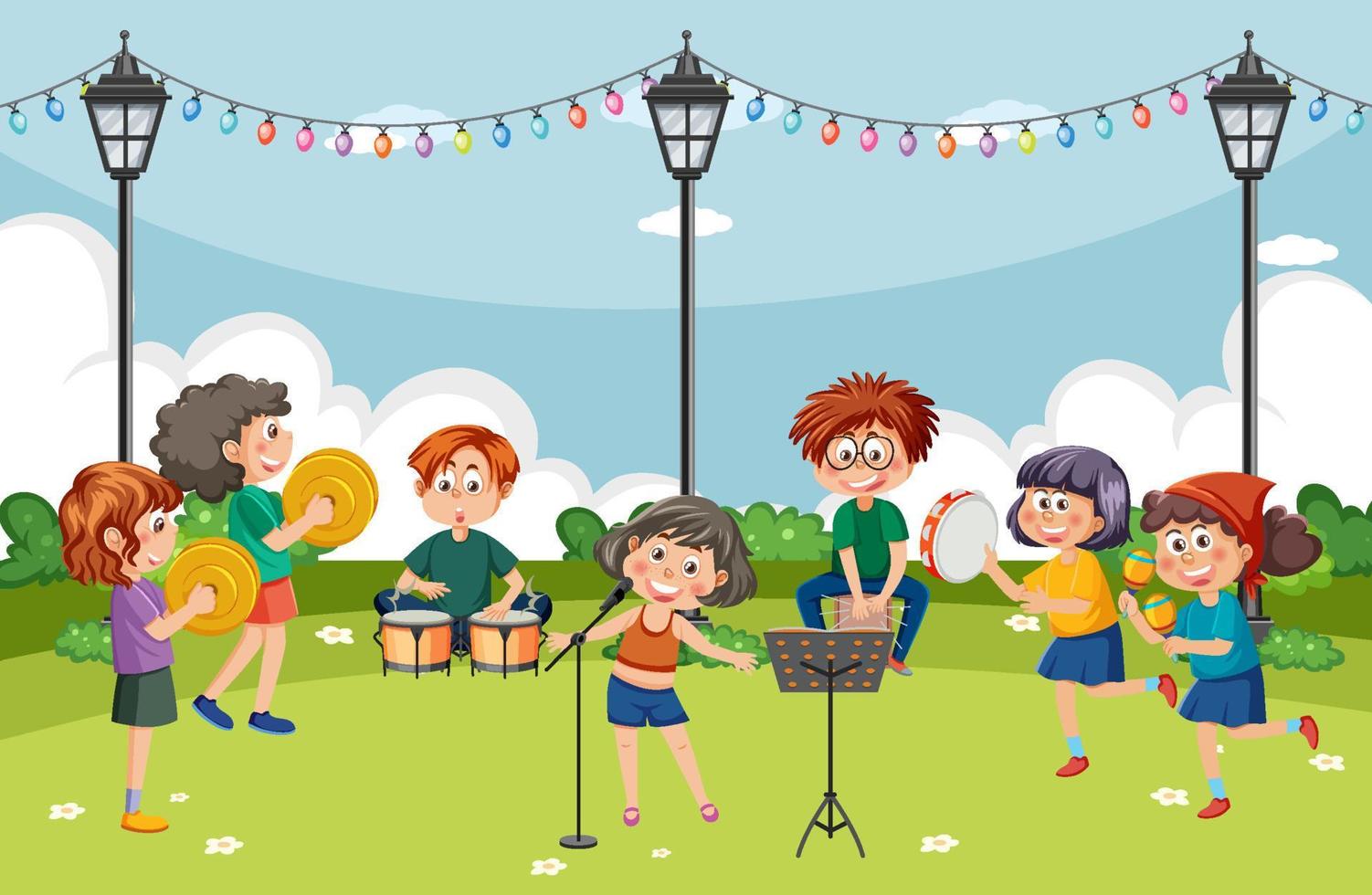 bambini musica gruppo musicale giocando a parco vettore