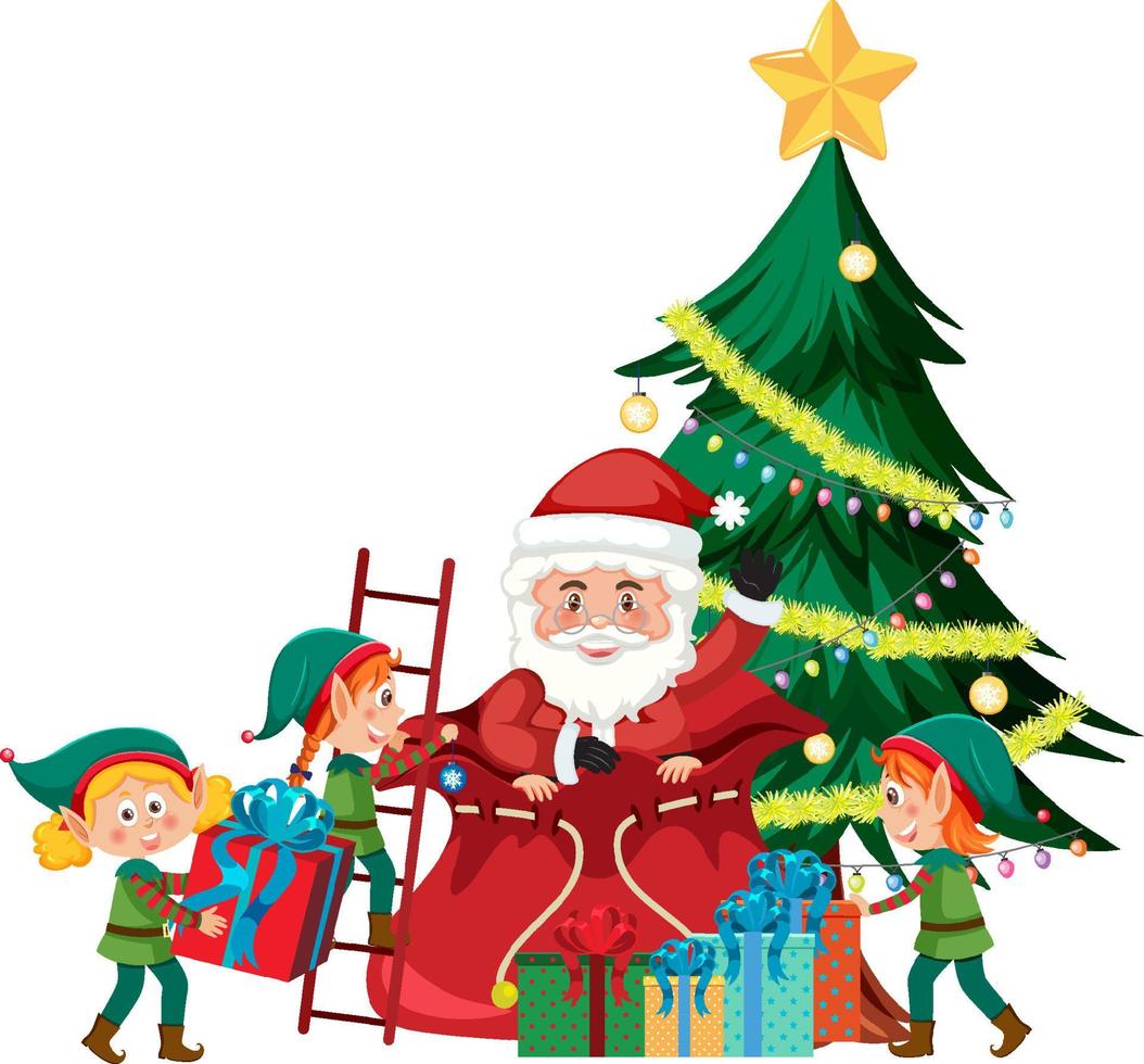 bambini nel elfo costume e Santa Claus decorazione Natale albero vettore