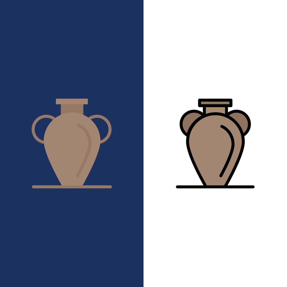 cultura Grecia storia nazione vaso icone piatto e linea pieno icona impostato vettore blu sfondo