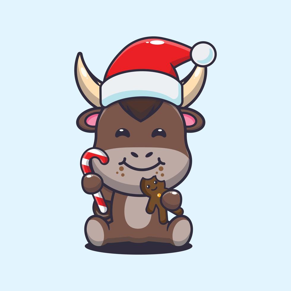 carino Toro mangiare Natale biscotti e caramella. carino Natale cartone animato illustrazione. vettore