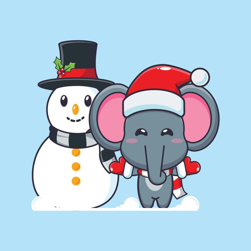 carino elefante giocando con pupazzo di neve. carino Natale cartone animato illustrazione. vettore