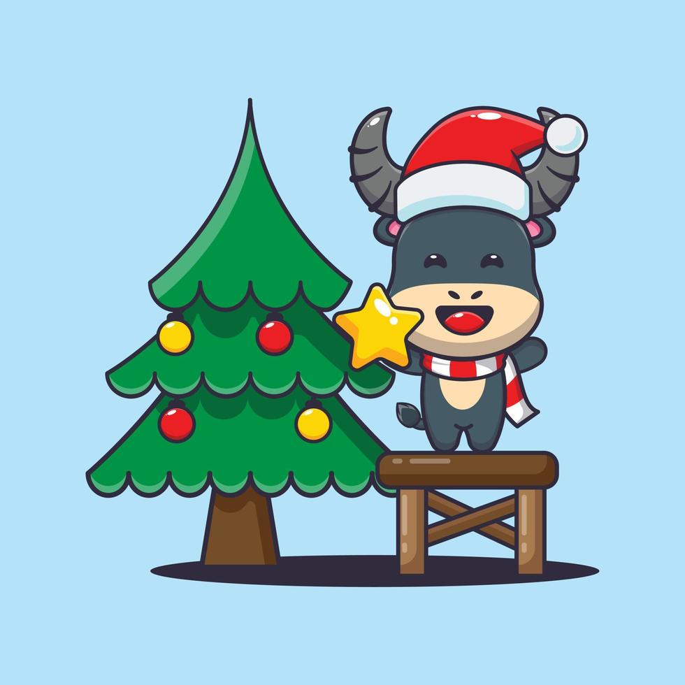 carino bufalo assunzione stella a partire dal Natale albero. carino Natale cartone animato illustrazione. vettore