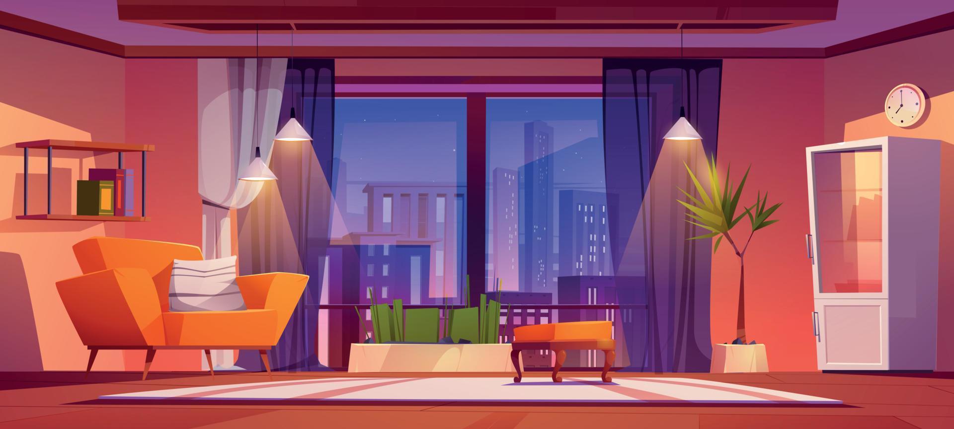 vivente camera con panoramico finestra con città Visualizza vettore