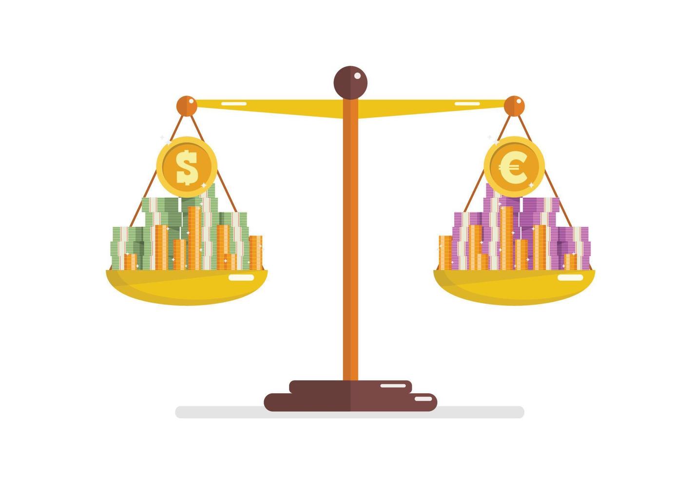 confronto fra dollaro e Euro moneta su equilibrio scala vettore