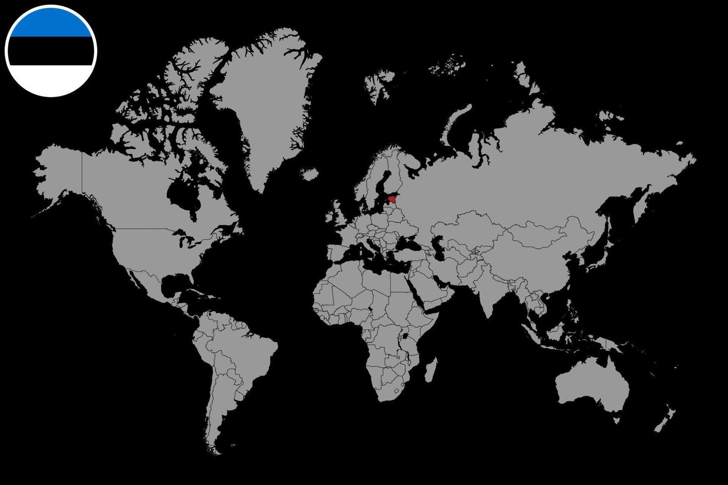 mappa pin con bandiera estonia sulla mappa del mondo. illustrazione vettoriale. vettore