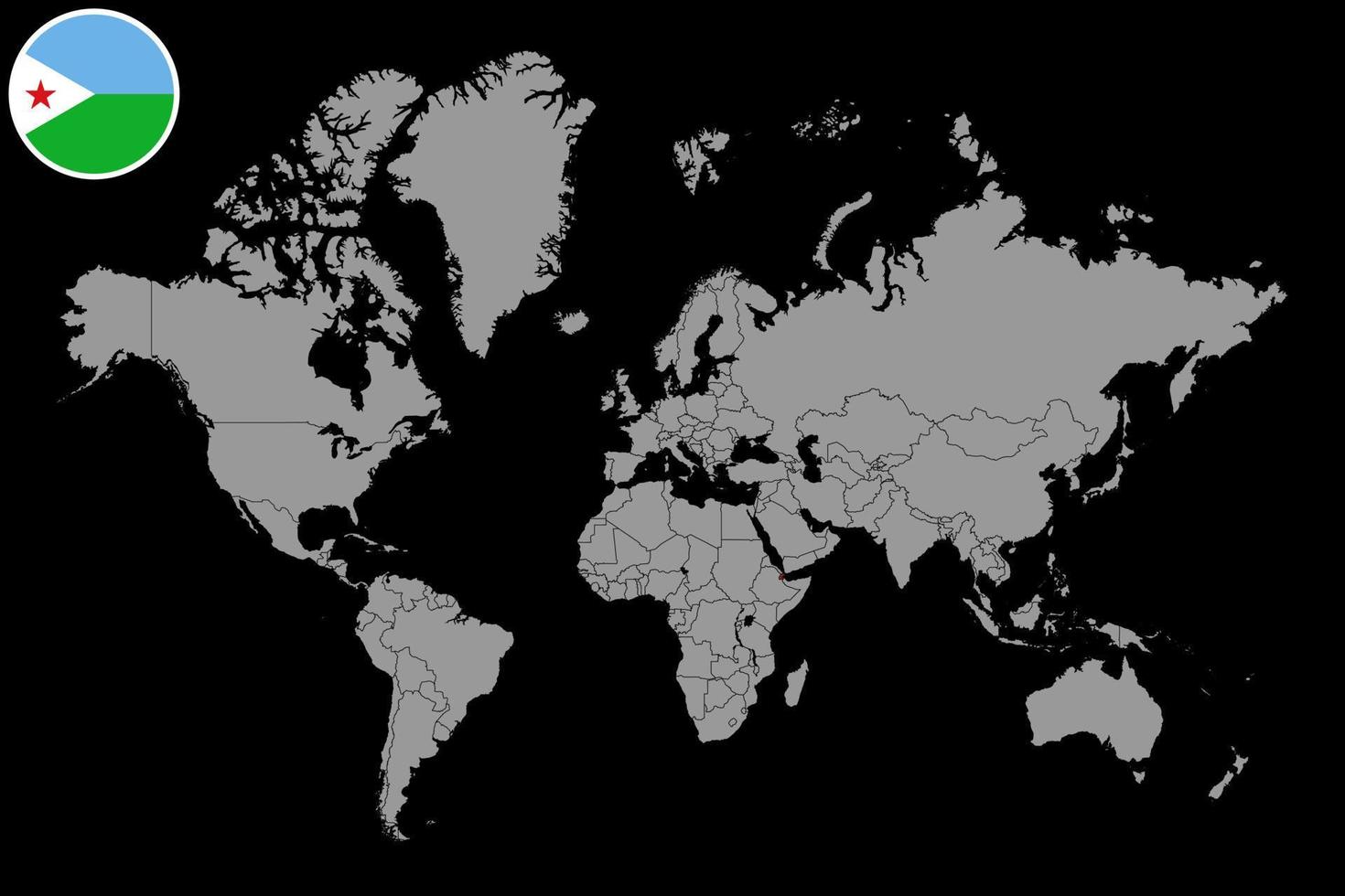 mappa pin con bandiera di Gibuti sulla mappa del mondo. illustrazione vettoriale. vettore