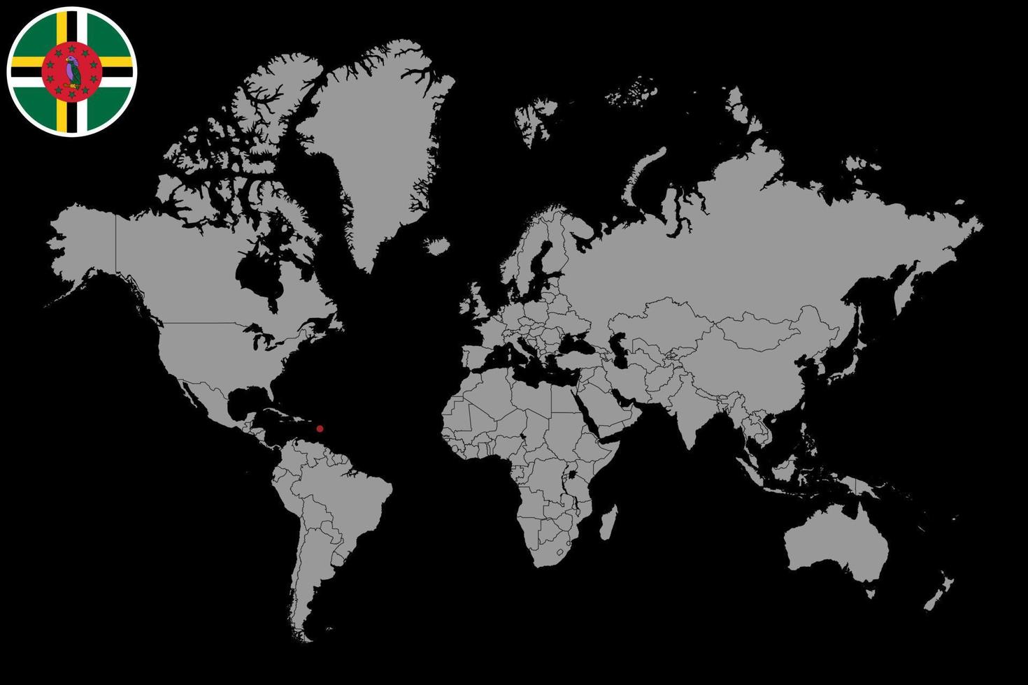 mappa pin con bandiera dominica sulla mappa del mondo. illustrazione vettoriale. vettore