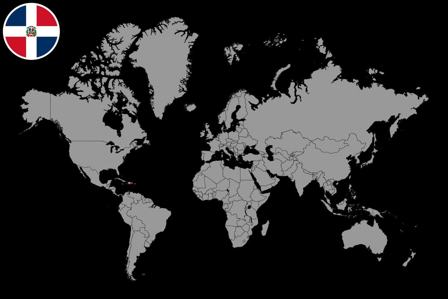 mappa pin con bandiera repubblica dominicana sulla mappa del mondo. illustrazione vettoriale. vettore
