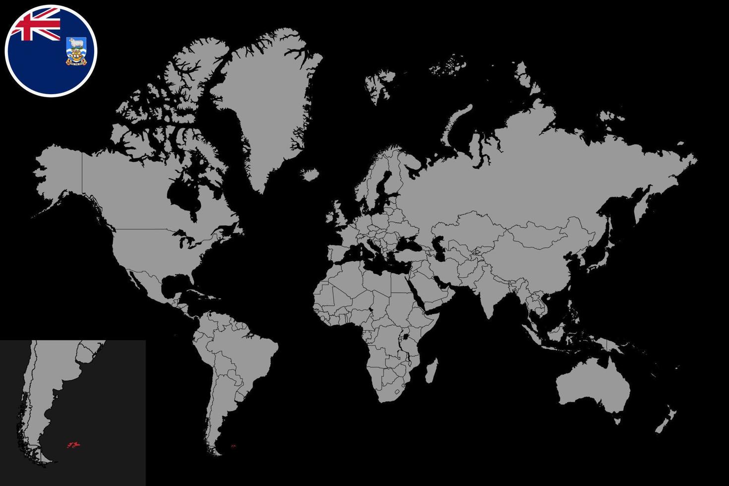 mappa pin con bandiera delle isole falkland sulla mappa del mondo. illustrazione vettoriale. vettore