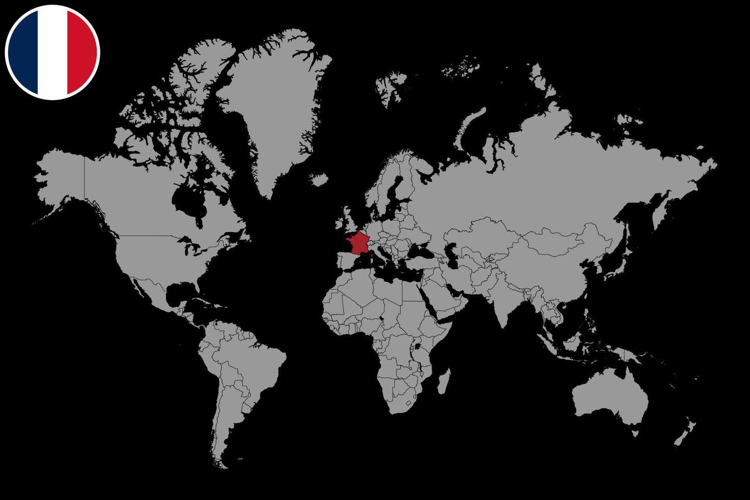 mappa pin con bandiera francia sulla mappa del mondo.illustrazione vettoriale. vettore