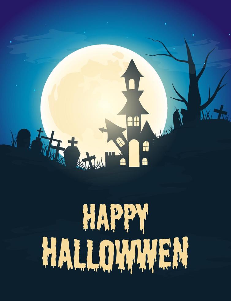 Halloween sfondo con pieno Luna. castello, fantasmi e cimitero. vettore illustrazione.