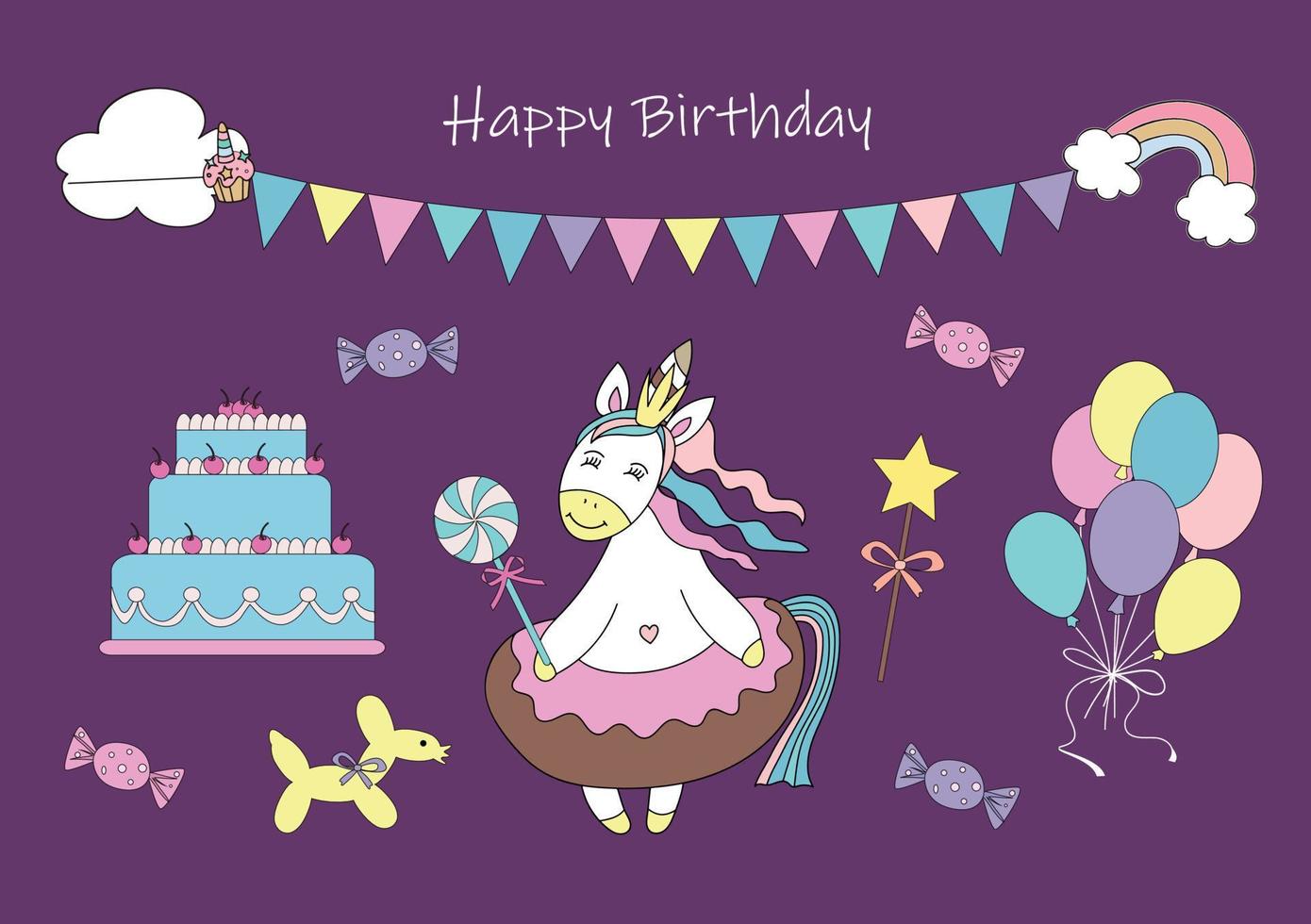 compleanno carta. carino Principessa unicorno, torta, caramelle e palloncini. vettore illustrazione. bianca sfondo.