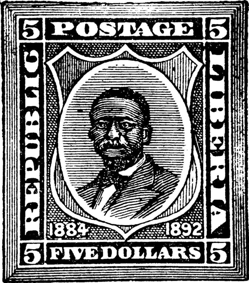 Liberia, cinque dollari francobollo, 1892, Vintage ▾ illustrazione vettore
