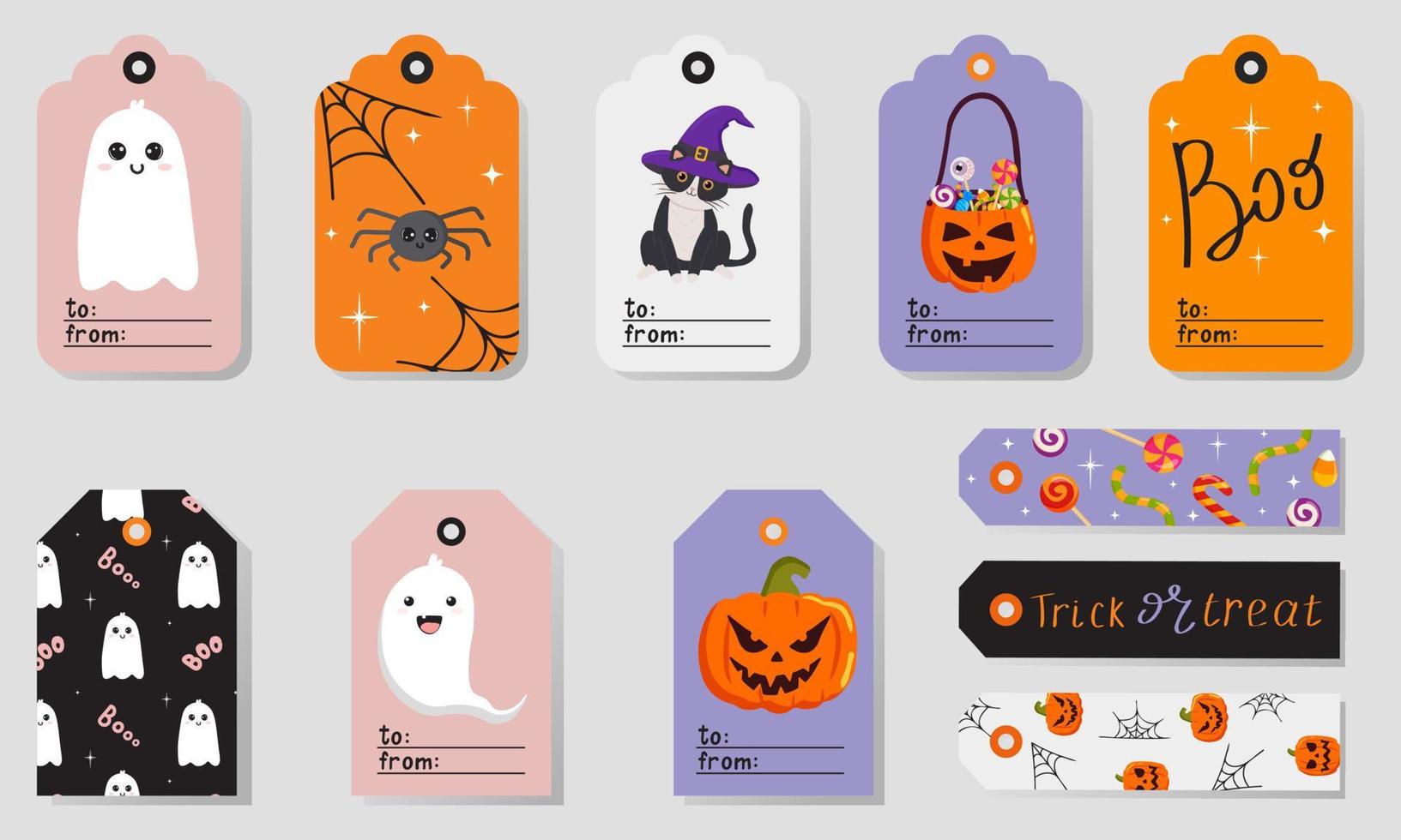 impostato di luminosa Halloween tag con carino personaggi. stampabile saluto carte illustrazione. luminosa design per Halloween nel tradizionale colori. vettore