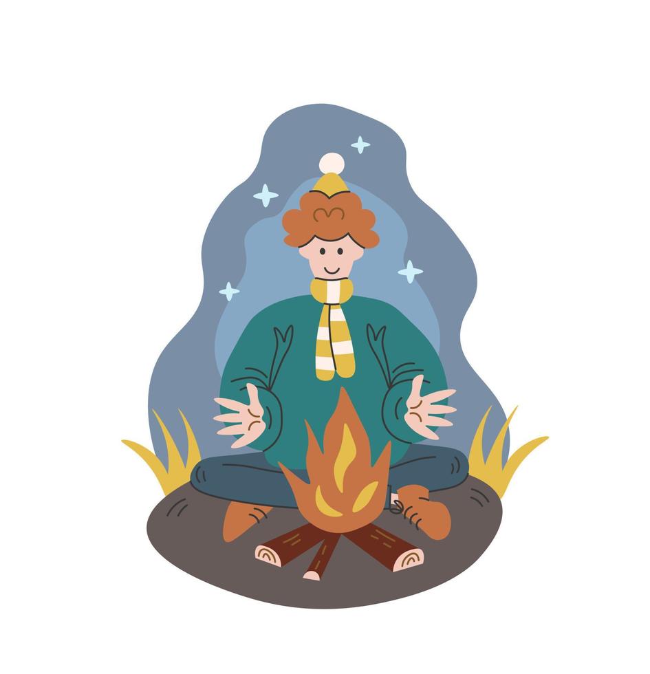 giovane uomo riscaldamento il suo mani di il fuoco piatto vettore illustrazione