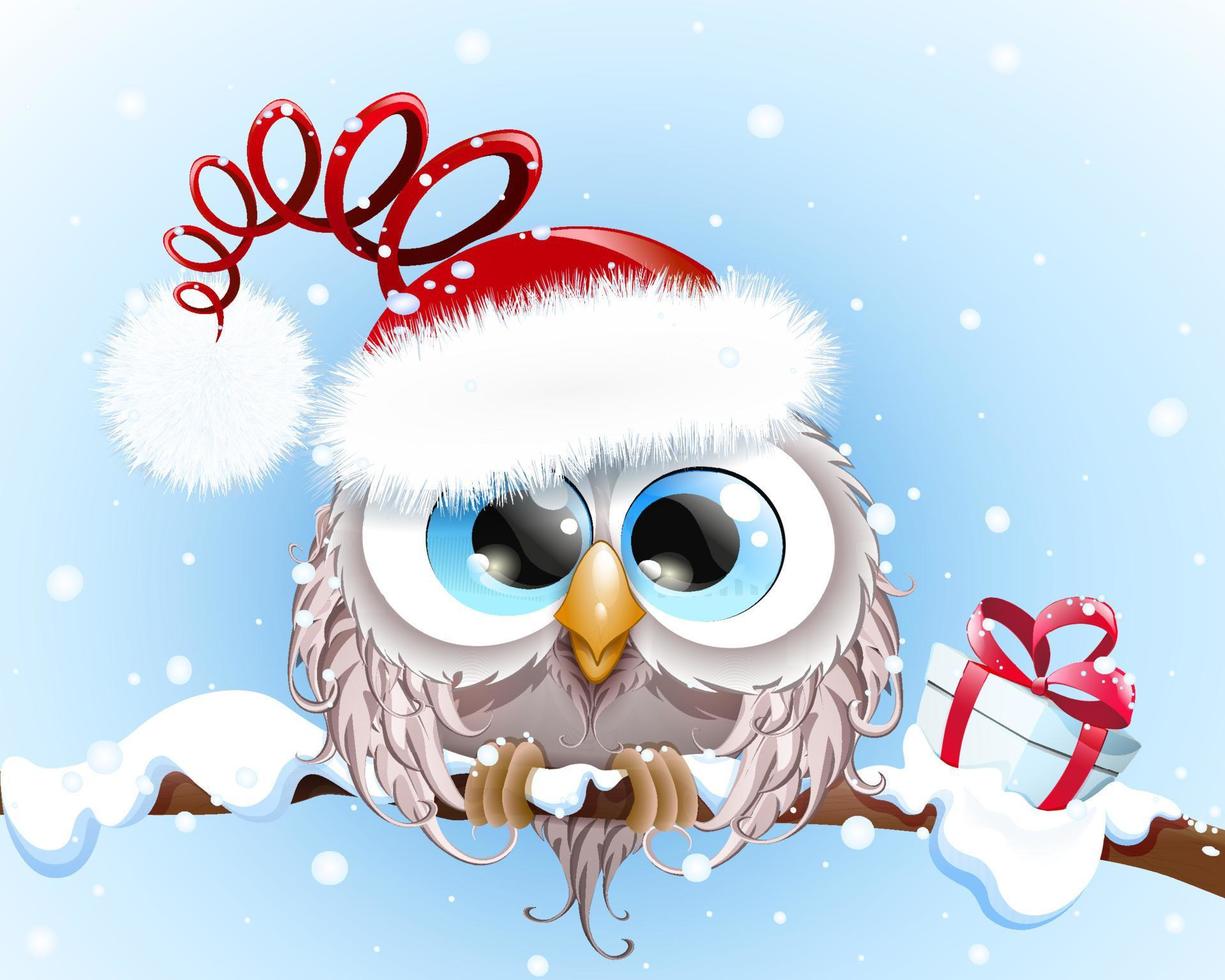 carino soffice divertente cartone animato gufo nel Santa cappello seduta su albero ramo sotto nevicata con Natale regalo scatola vettore