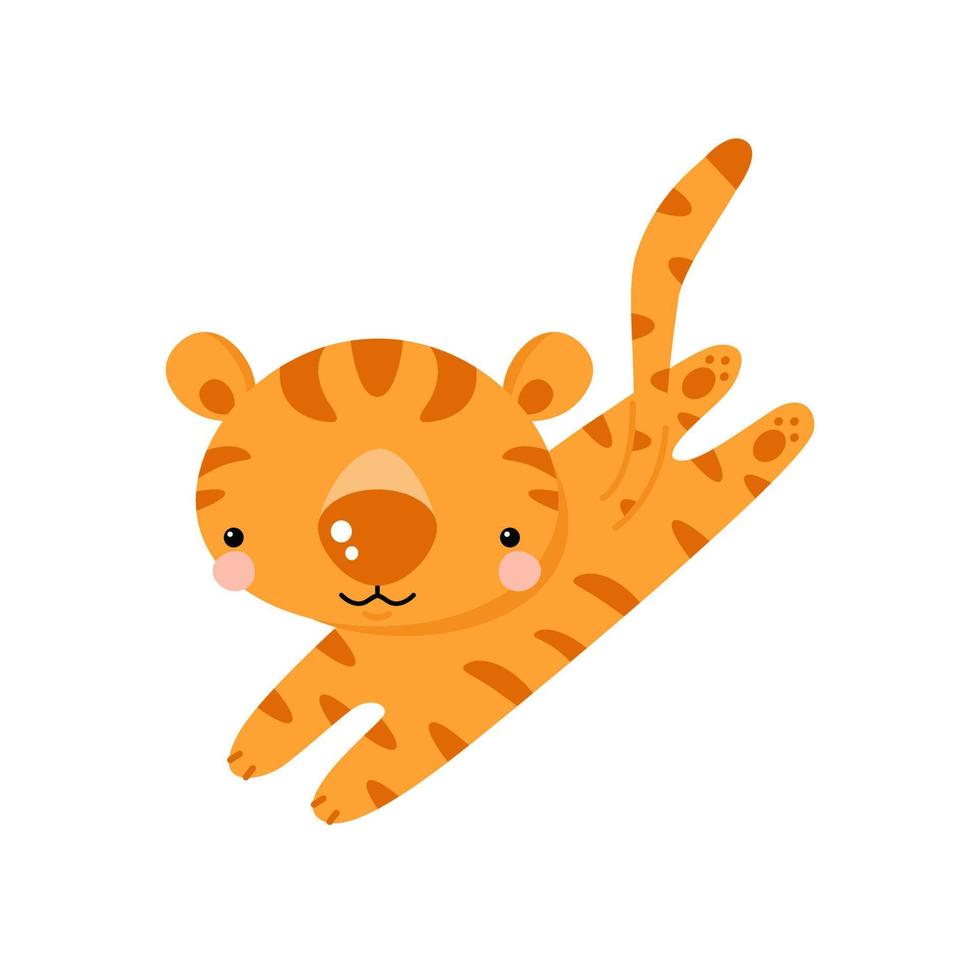 cartone animato in esecuzione tigre isolato su bianca. divertente animale personaggio nel movimento. piatto vettore illustrazione.