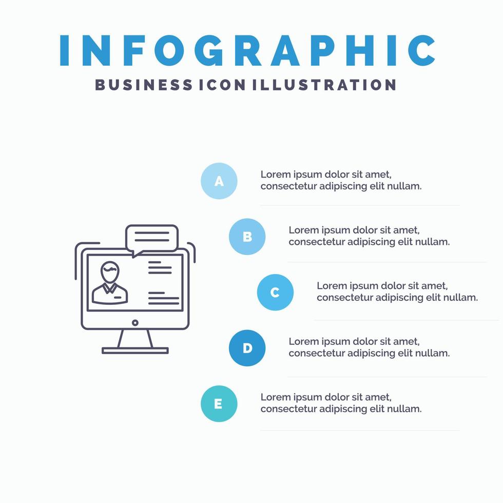 Chiacchierare attività commerciale consulenza dialogo incontro in linea linea icona con 5 passaggi presentazione infografica indietro vettore