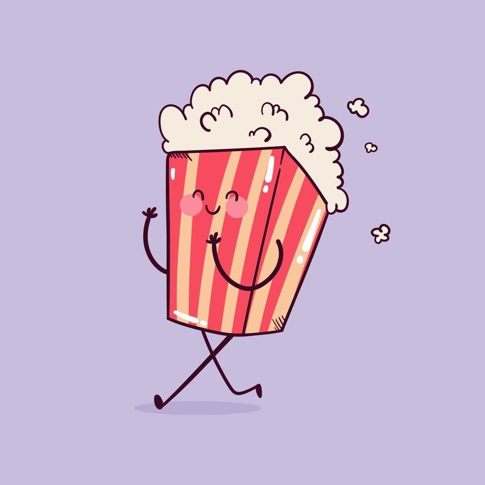 contento carino sorridente divertente kawaii Popcorn. a piedi Popcorn portafortuna carattere. vettore