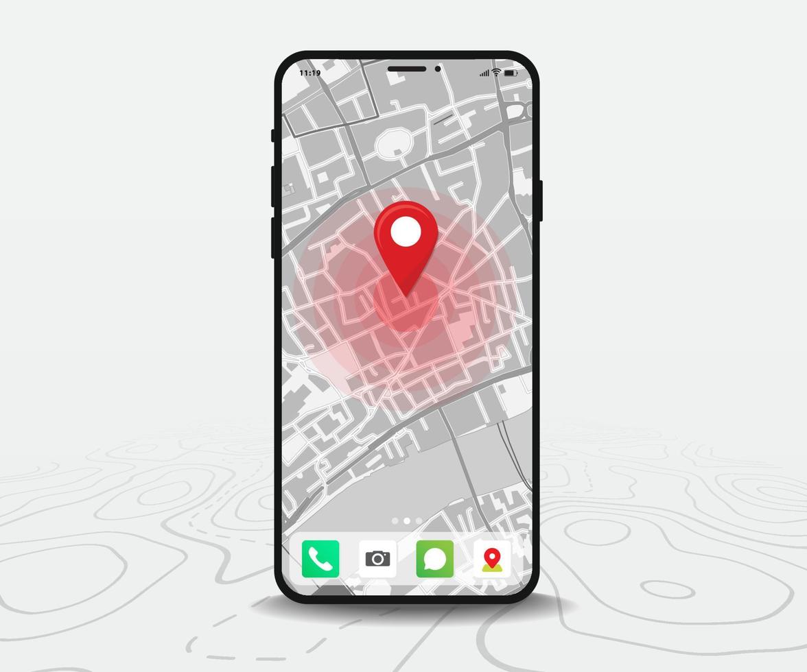 mobile carta geografica GPS, smartphone carta geografica applicazione e rosso Pinpoint su schermo, App ricerca carta geografica navigazione, isolato su linea mappe sfondo, vettore illustrazione per grafico design