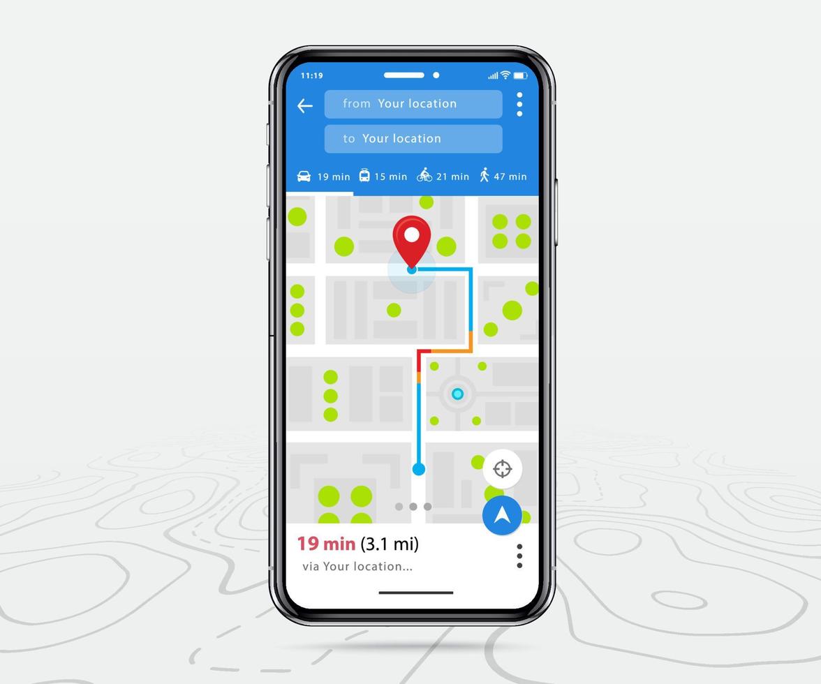 carta geografica GPS navigazione, smartphone carta geografica applicazione e destinazione rosso Pinpoint su schermo, App ricerca carta geografica navigazione, colorato pulsanti e mappe icone, vettore illustrazione per grafico design