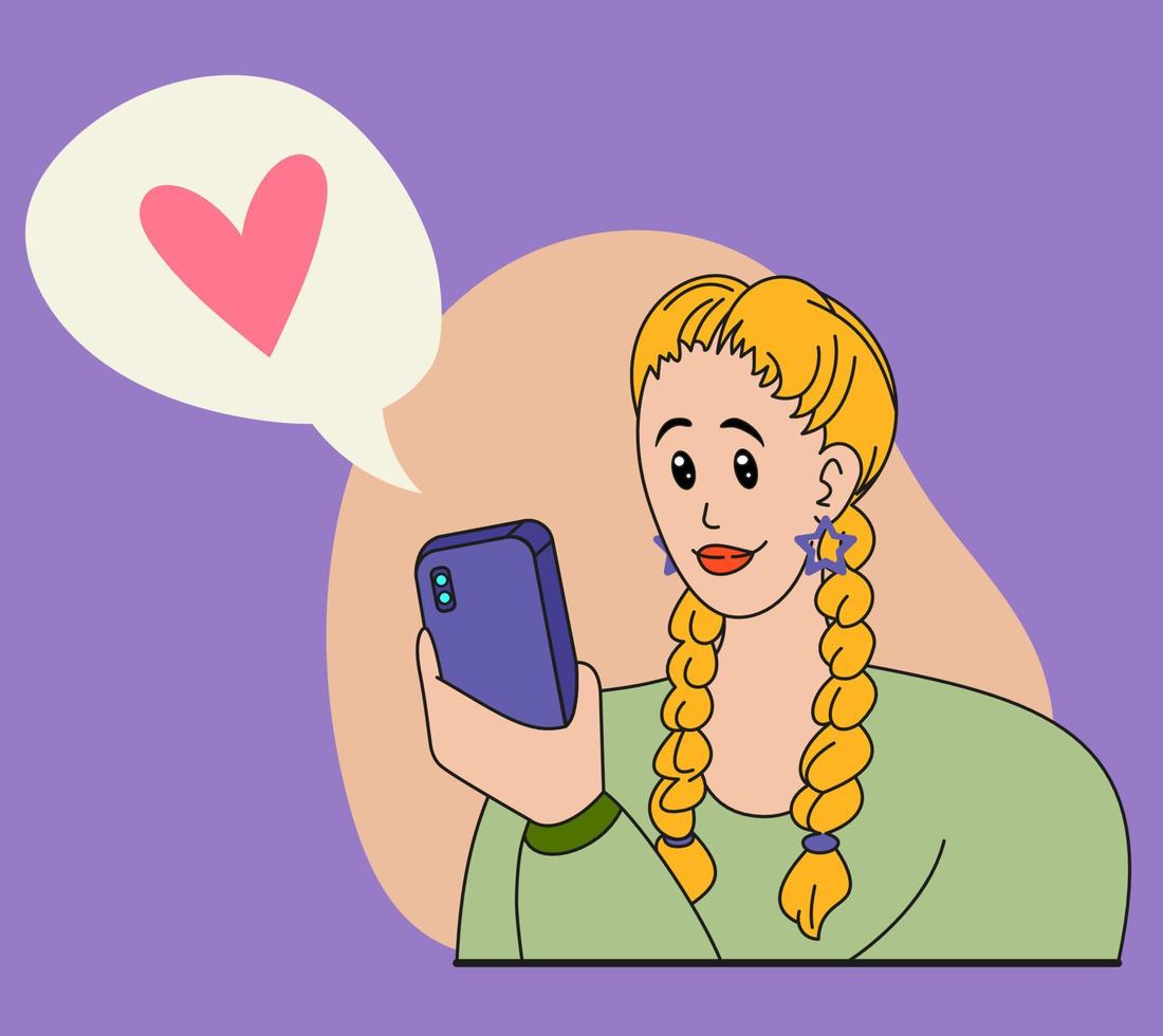 donna sembra in il Telefono. il ragazza avuto un' cuore etichetta. vettore illustrazione.