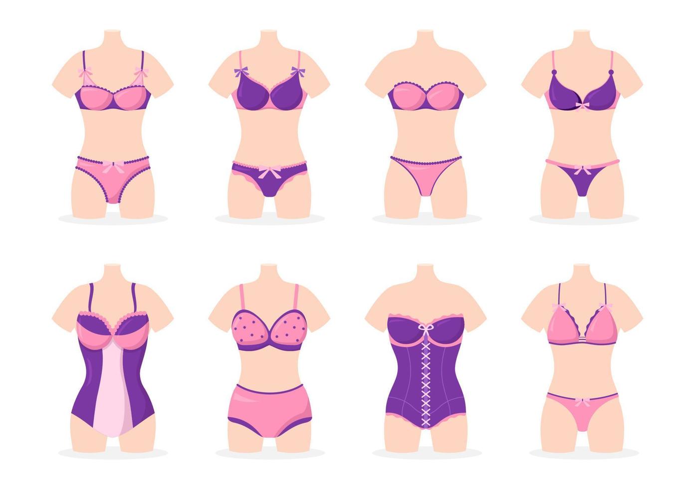 collezione di elegante donna biancheria intima, reggiseno e biancheria intima biancheria intima con rosa e viola colore su piatto cartone animato mano disegnato modelli illustrazione vettore