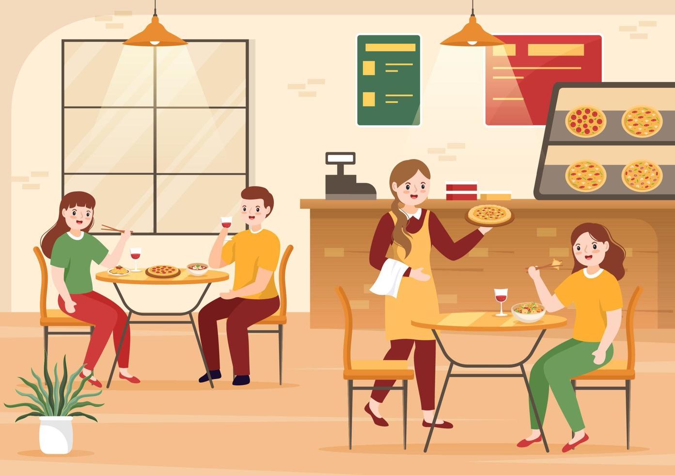 italiano cibo ristorante o caffetteria con persone mangiare tradizionale Italia piatti Pizza o pasta nel mano disegnato cartone animato modello illustrazione vettore