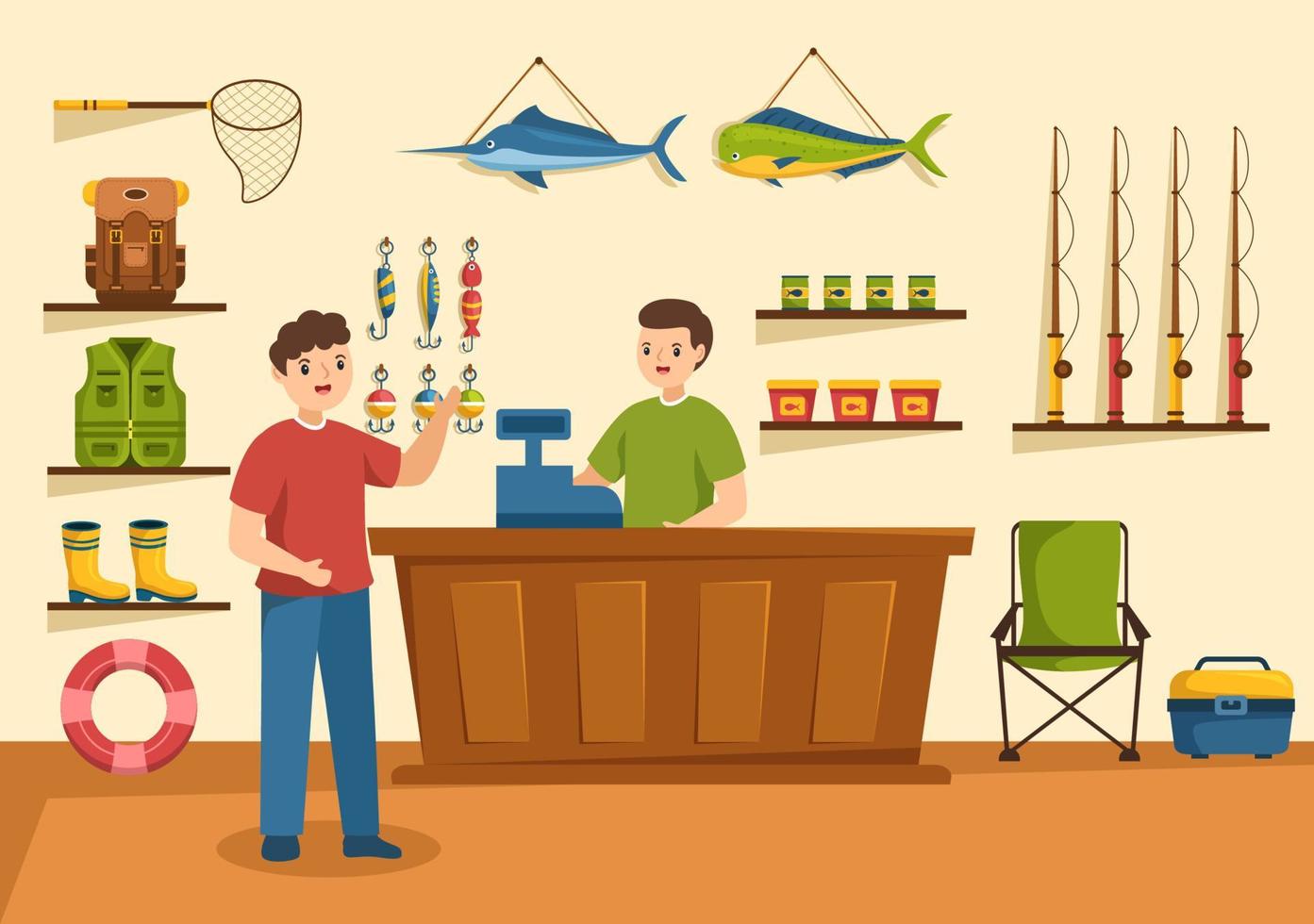 pesca negozio vendita vario pesca attrezzatura, esca, pesce attraente Accessori o elementi su piatto cartone animato mano disegnato modelli illustrazione vettore