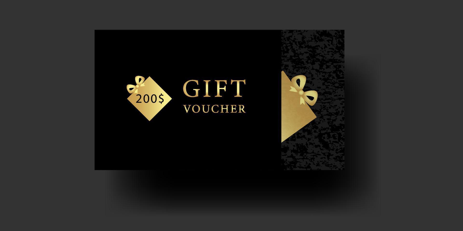 creativo nero regalo voucher; tagliando con grunge sfondo. d'oro testo, regalo scatole. lusso vettore illustrazione per buono, sconto, carta modello.