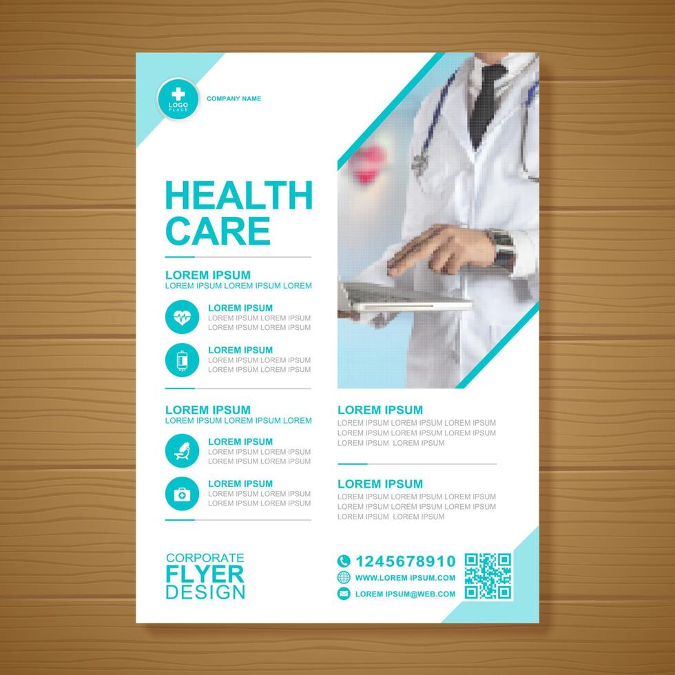 design del modello a4 della copertura sanitaria aziendale e icone piatte per un report e progettazione di brochure mediche, volantini, decorazione di volantini per la stampa e la presentazione di illustrazioni vettoriali