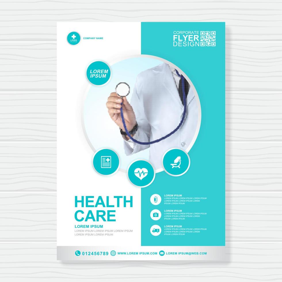 design del modello a4 della copertura sanitaria aziendale e icone piatte per un report e progettazione di brochure mediche, volantini, decorazione di volantini per la stampa e la presentazione di illustrazioni vettoriali