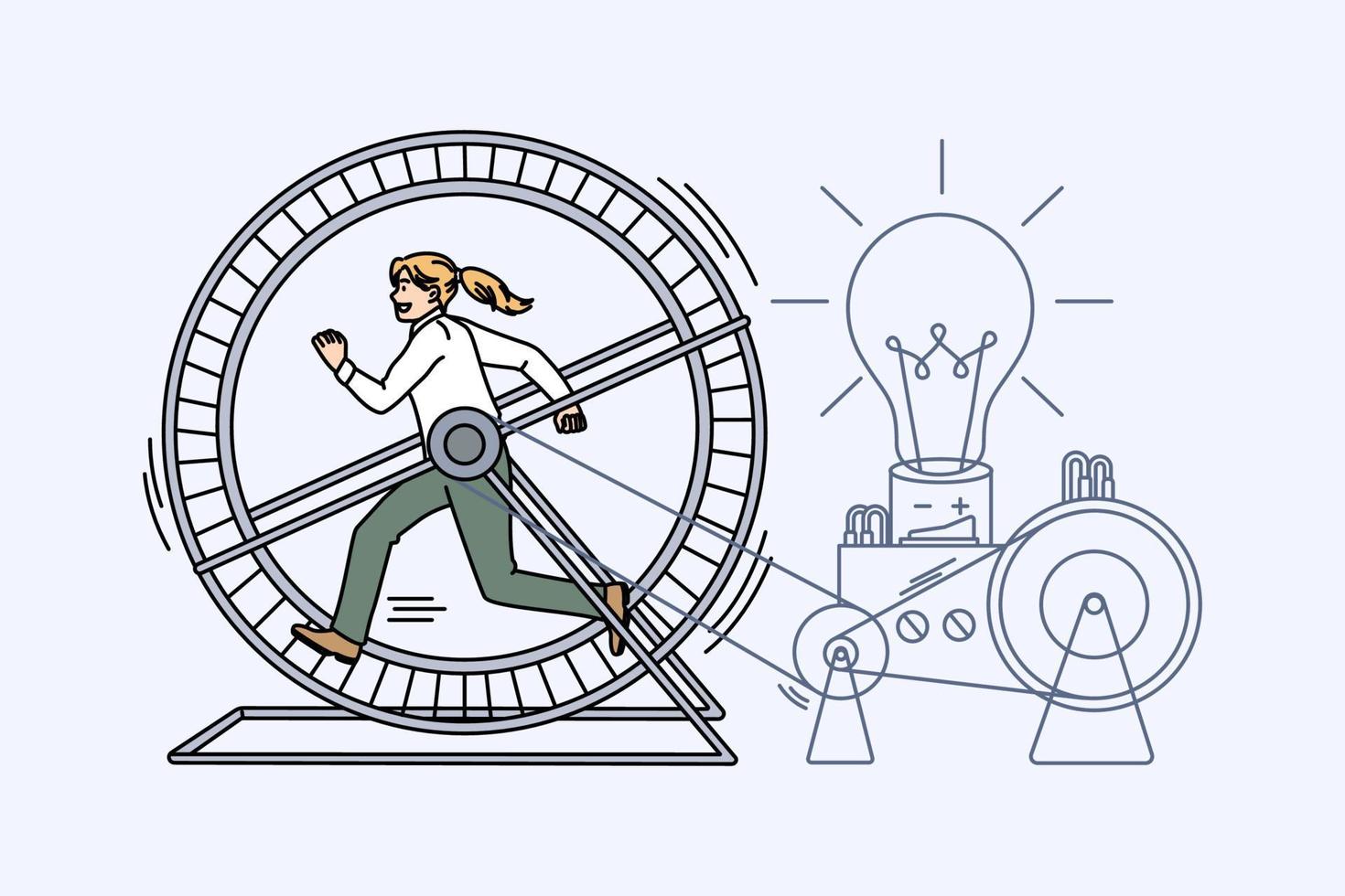 motivata femmina dipendente correre nel criceto ruota creare creativo attività commerciale idee per opera. ambizioso donna lavoratore nel ingranaggio brainstorming sviluppare innovativo strategia. innovazione. vettore illustrazione.