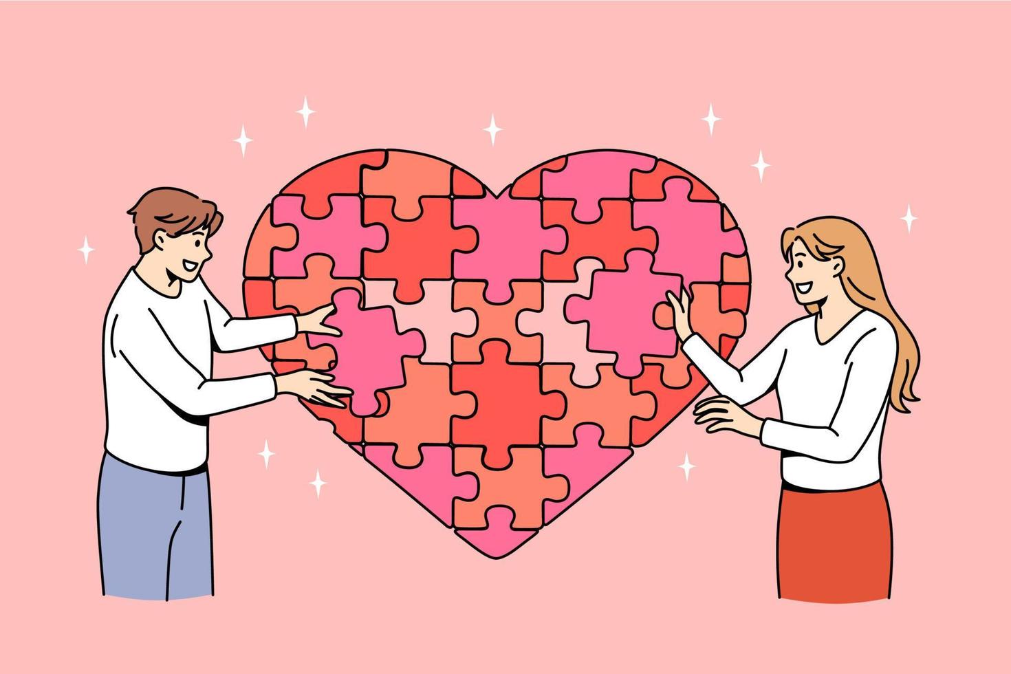 amore solidarieta e romanza concetto. giovane sorridente amorevole coppia in piedi e formatura enorme cuore puzzle a partire dal pezzi insieme vettore illustrazione