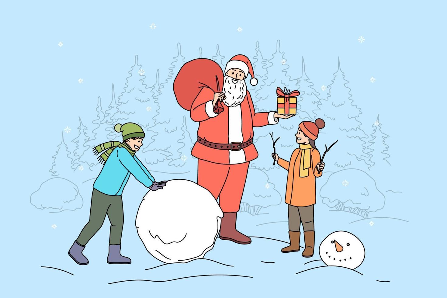 sorridente Santa Claus saluto bambini all'aperto con nuovo anno dare regali. contento padre Natale congratularsi bambini giocando al di fuori con i regali su inverno vacanze. piatto vettore illustrazione.