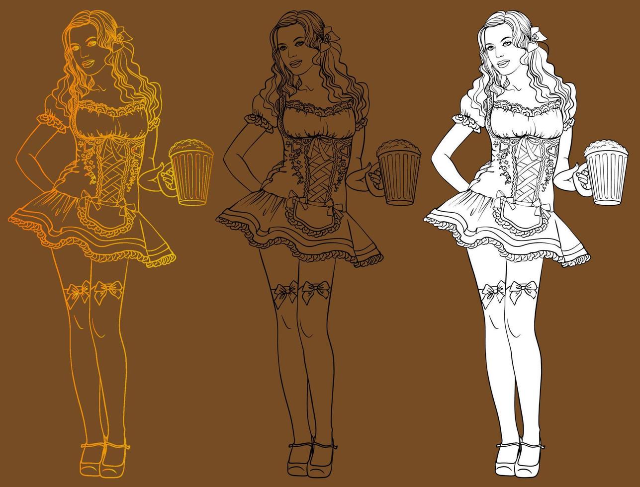 Tedesco ragazza nel nazionale costume con un' boccale di birra. vettore linea disegno fatto di mano. Oktoberfest.