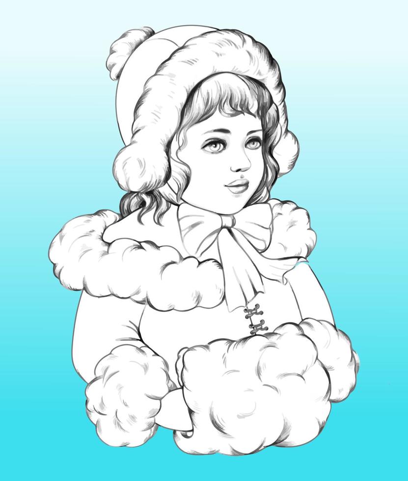 Vintage ▾ ragazza nel inverno Abiti mano disegnato nel occhiali da sole di grigio. per disegni, illustrazioni e colorazione libri per Natale. vettore