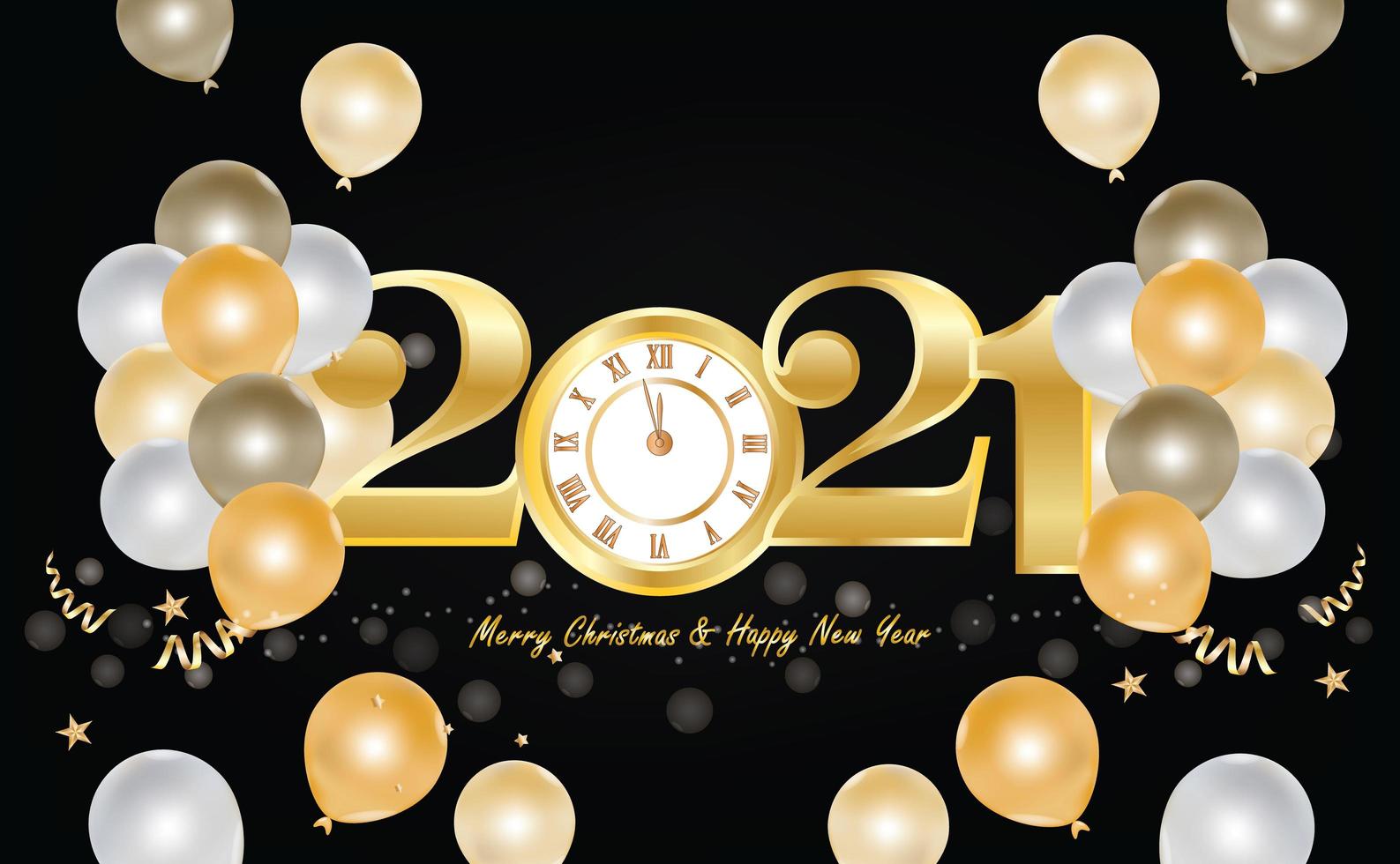 felice anno nuovo 2021 design con orologio d'oro e palloncini vettore