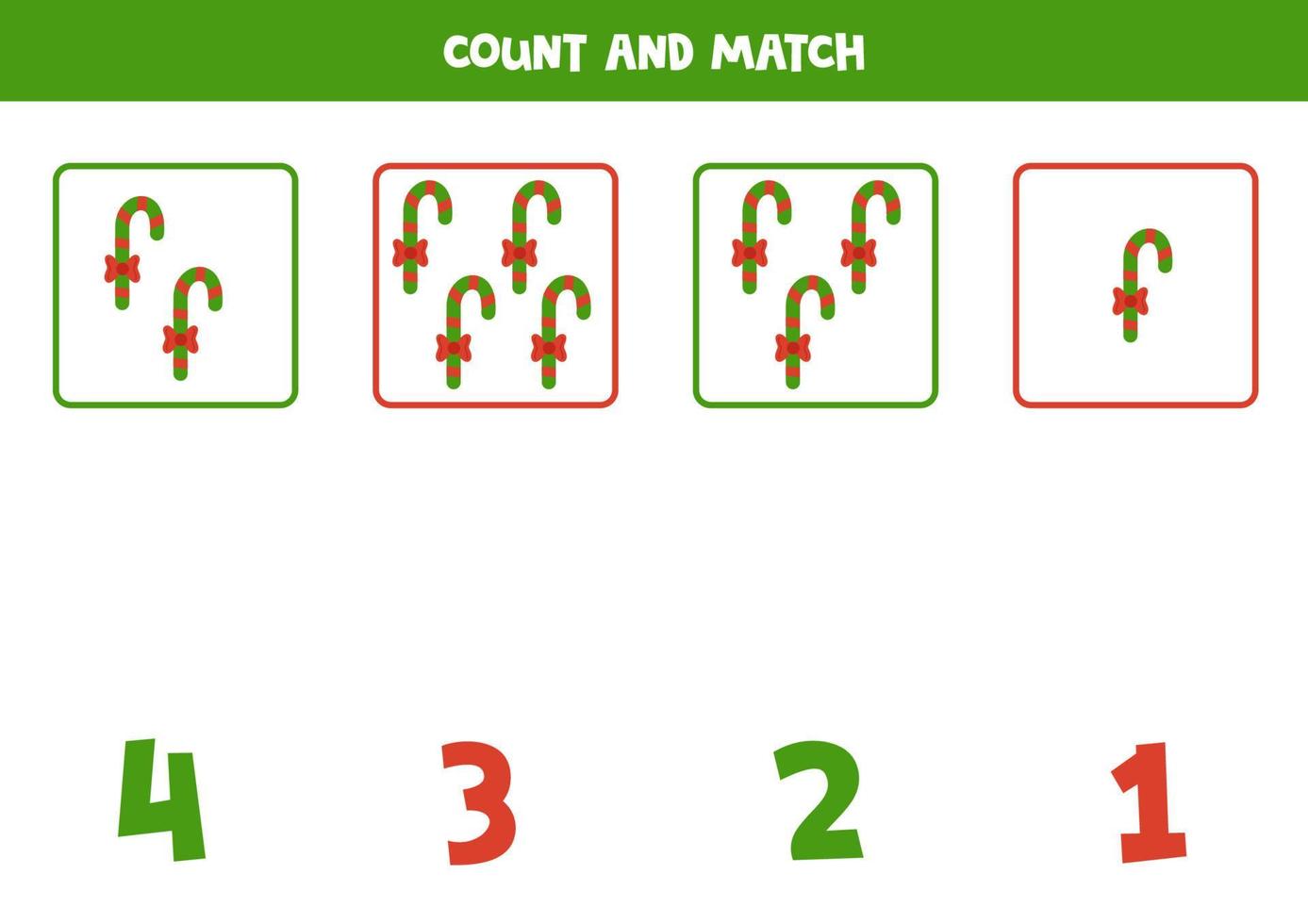 conteggio gioco per bambini. contare tutti Natale caramella canne e incontro con numeri. foglio di lavoro per bambini. vettore