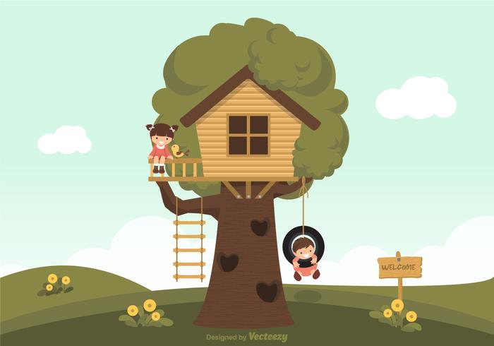 Bambini che giocano in un vettore di casa sull'albero