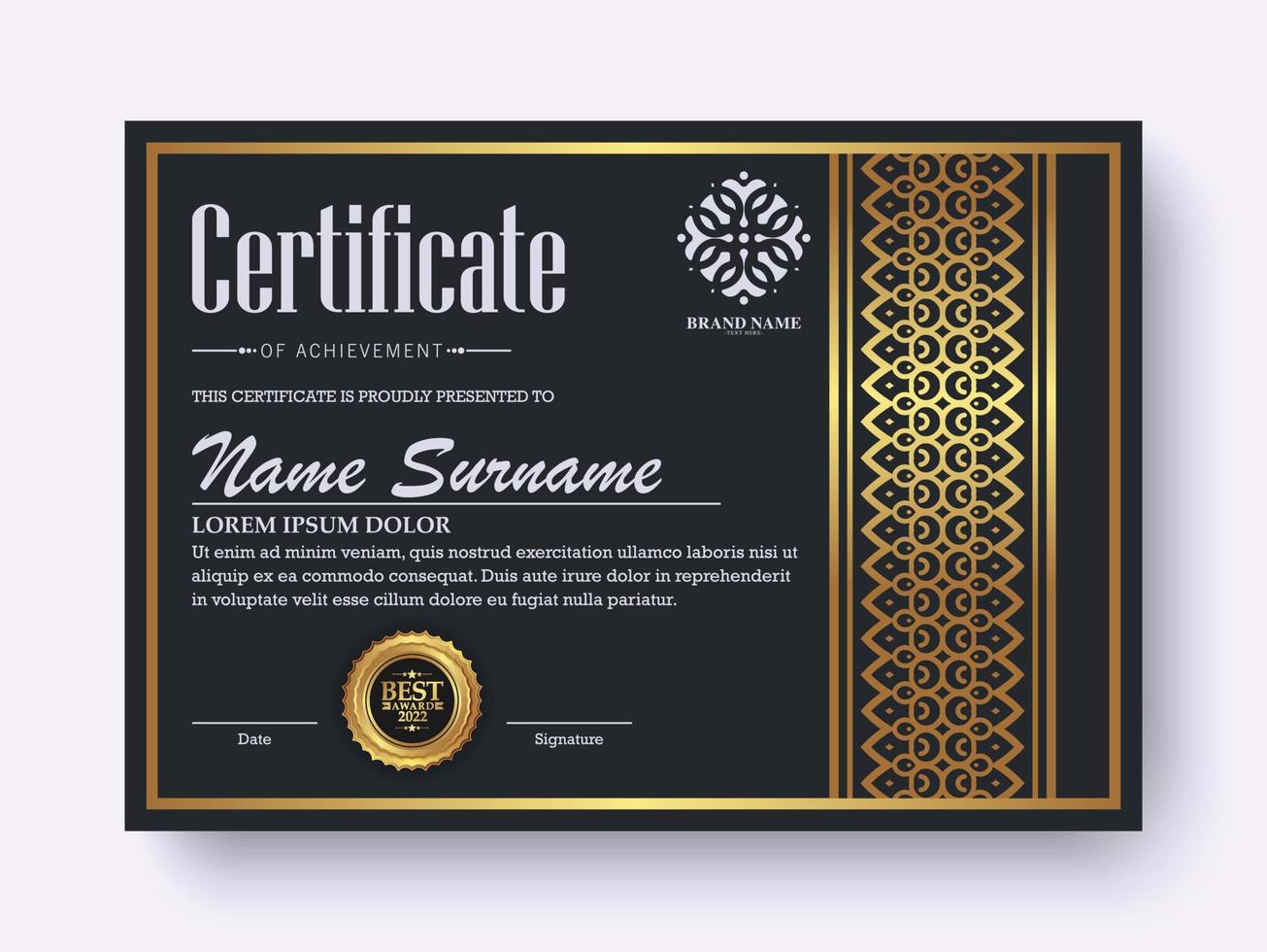 design premium modello certificato nero dorato vettore