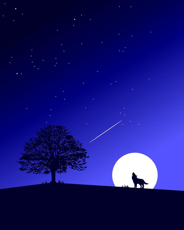 albero e lupo silhouette vettore con notte umore