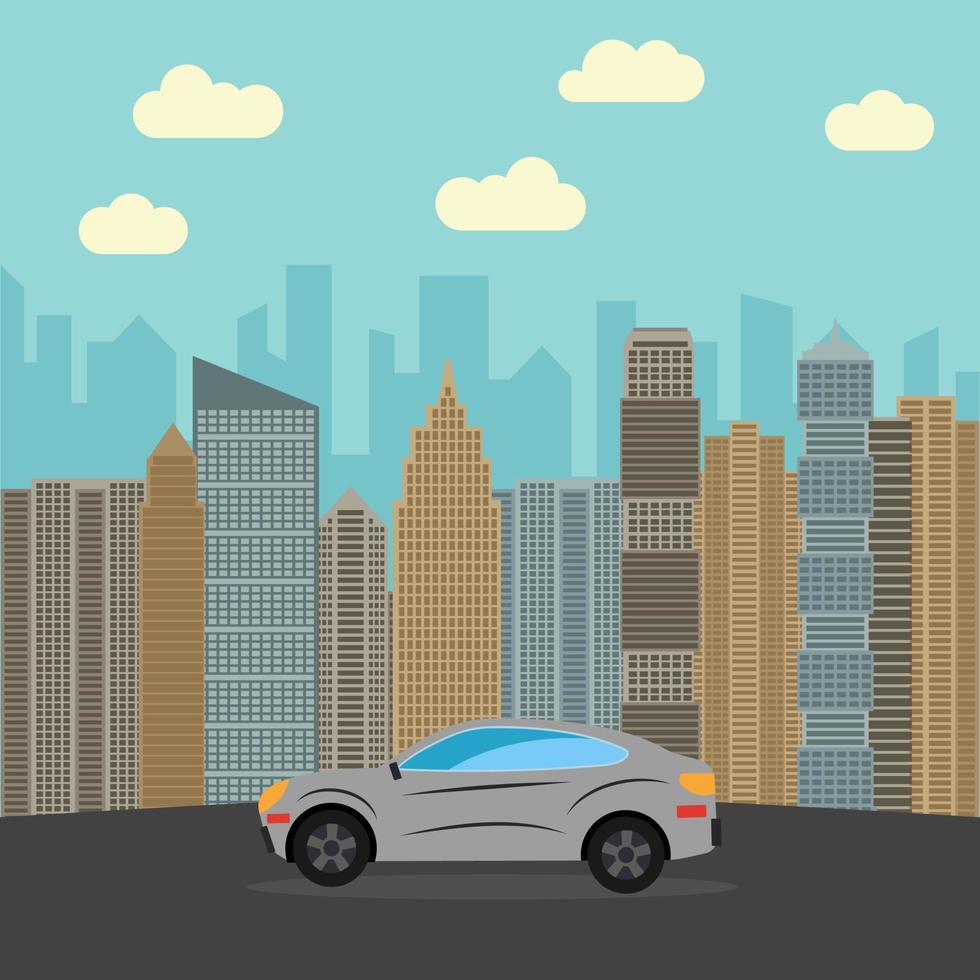 grigio auto nel il città. automobile su un' sfondo di grattacieli su un' soleggiato giorno. vettore illustrazione.