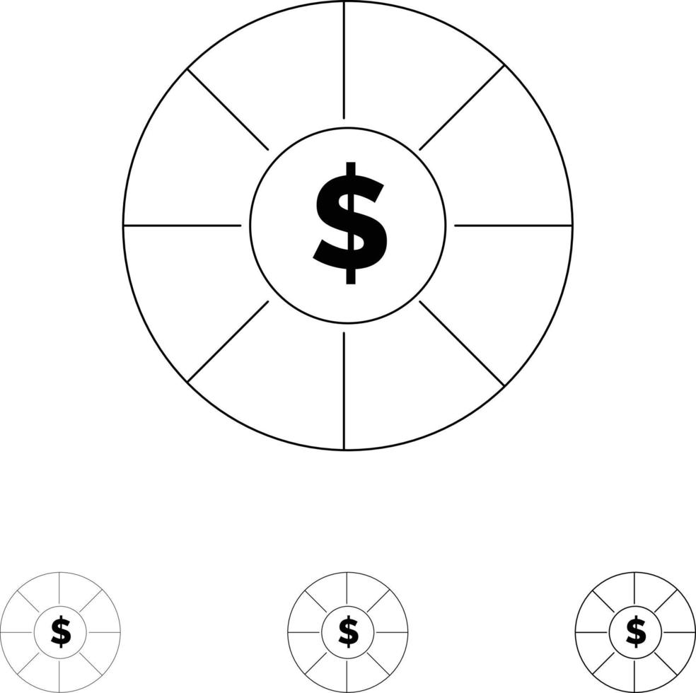 moneta moneta dollaro grassetto e magro nero linea icona impostato vettore