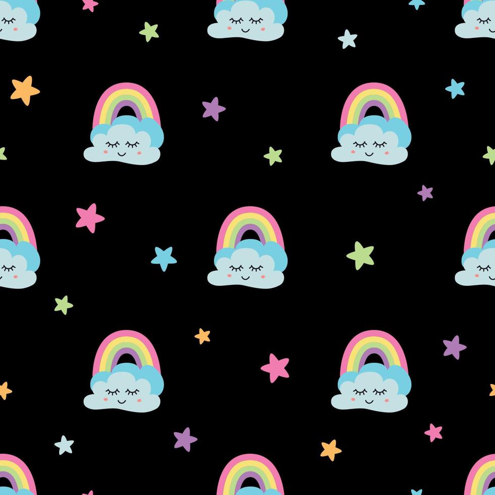 nube senza soluzione di continuità Stampa. arcobaleno stelle nuvole tessuto senza soluzione di continuità modello carino cartone animato bambino stoffa design. buio colori. nero cielo sfondo per bambini. ripetuto modello. vettore illustrazione.