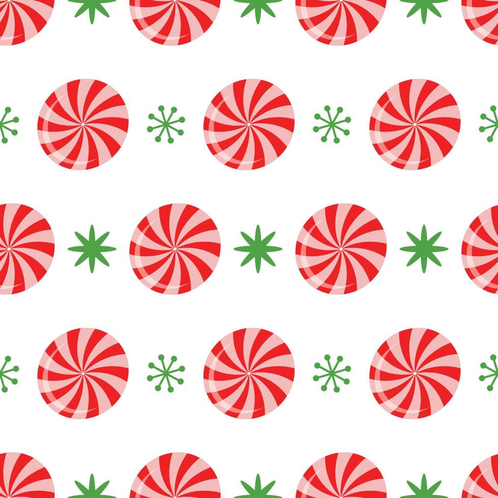 semplice classico senza soluzione di continuità Natale modello. tradizionale verde, rosso colore regalo carta. luminosa nuovo anno sfondo decorato fiocchi di neve, dolce caramelle vettore inverno design per sfondo, tessuto, tessile