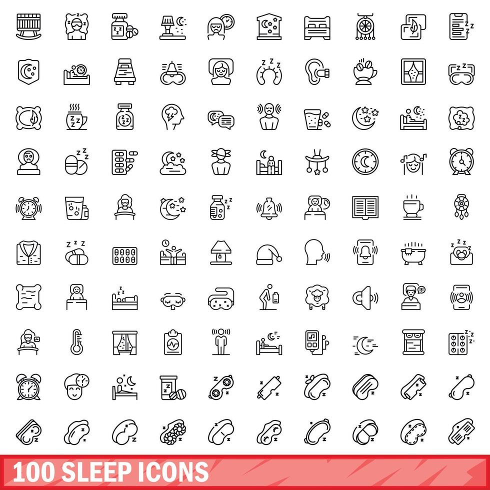 100 icone del sonno impostate, stile contorno vettore