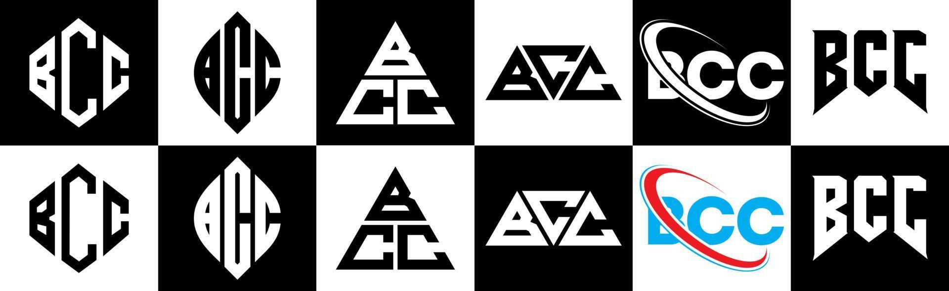 bcc lettera logo design nel sei stile. bcc poligono, cerchio, triangolo, esagono, piatto e semplice stile con nero e bianca colore variazione lettera logo impostato nel uno tavola da disegno. bcc minimalista e classico logo vettore